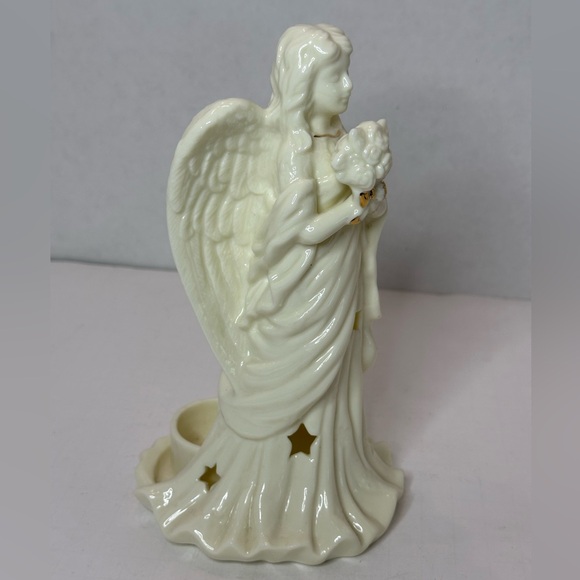 Angel Holding Bouquet Tea Light Holder White and Gold Ceramic  Christmas Decor - Picture 3 of 5